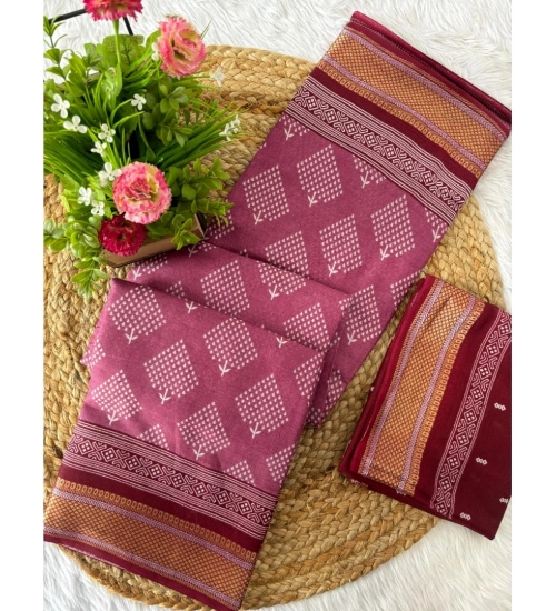 Generic Women's Cotton Printed Saree With Unstitched Blouse 5.5Mtr (Pink)