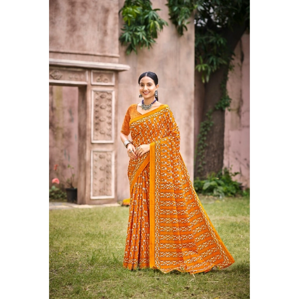 Generic Women's Cotton Printed Saree With Unstitched Blouse 5.5Mtr (Orange)