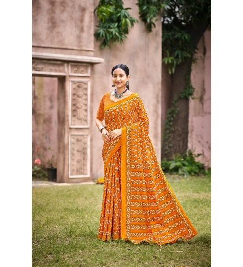 Generic Women's Cotton Printed Saree With Unstitched Blouse 5.5Mtr (Orange)