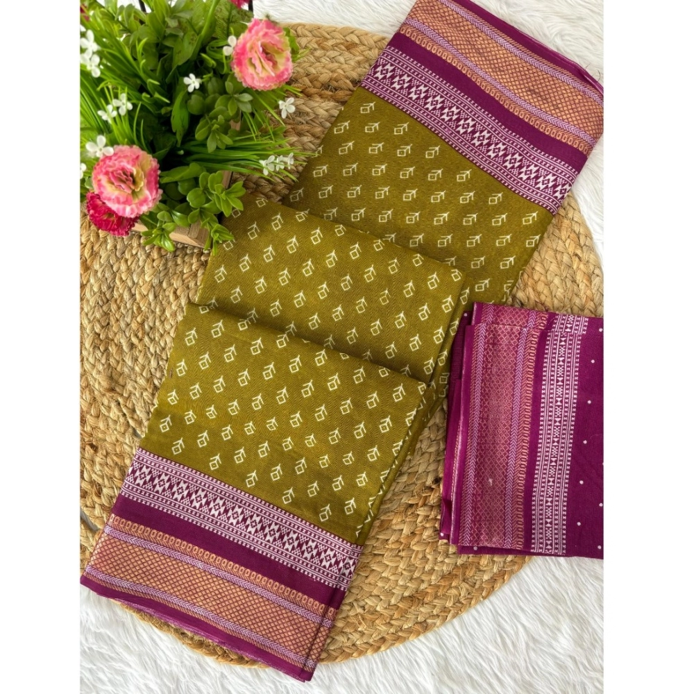 Generic Women's Cotton Printed Saree With Unstitched Blouse 5.5Mtr (Mehendi Green)