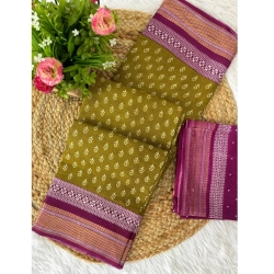 Generic Women's Cotton Printed Saree With Unstitched Blouse 5.5Mtr (Mehendi Green)