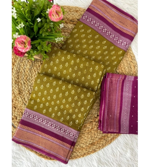 Generic Women's Cotton Printed Saree With Unstitched Blouse 5.5Mtr (Mehendi Green)