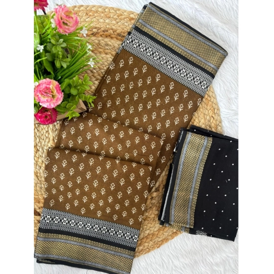 Generic Women's Cotton Printed Saree With Unstitched Blouse 5.5Mtr (Coffee)