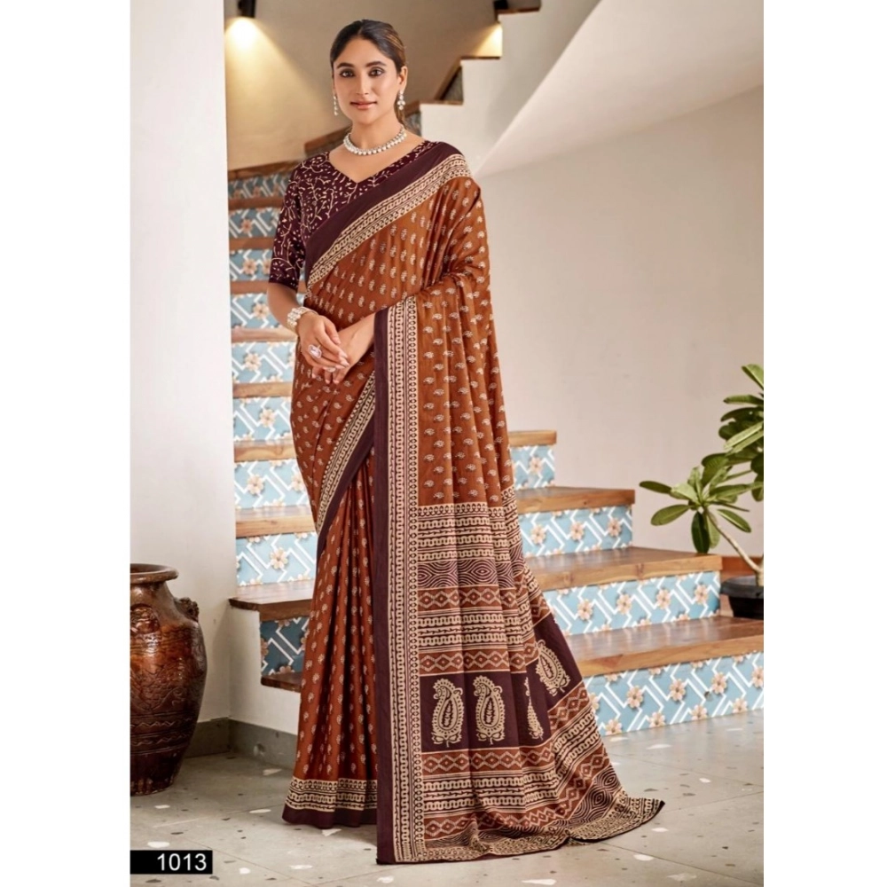 Generic Women's Cotton Printed Saree With Unstitched Blouse 5.5Mtr (Coffee)