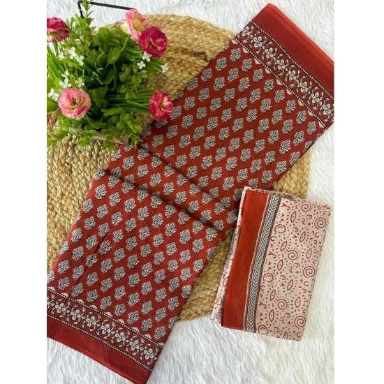 Generic Women's Cotton Printed Saree With Unstitched Blouse 5.5Mtr (Red)