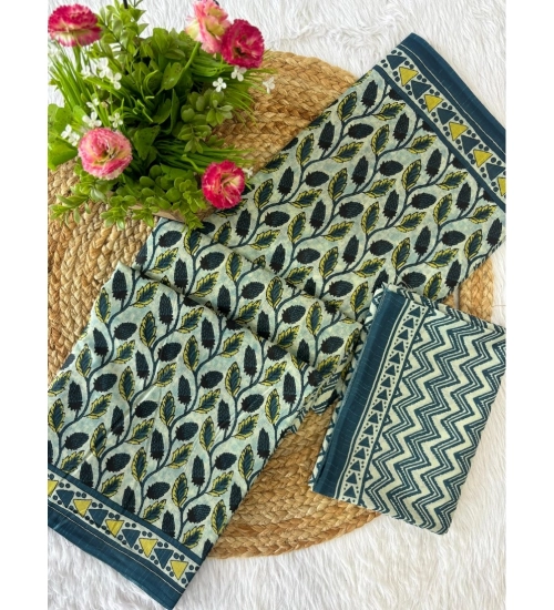 Generic Women's Cotton Printed Saree With Unstitched Blouse 5.5Mtr (Green)