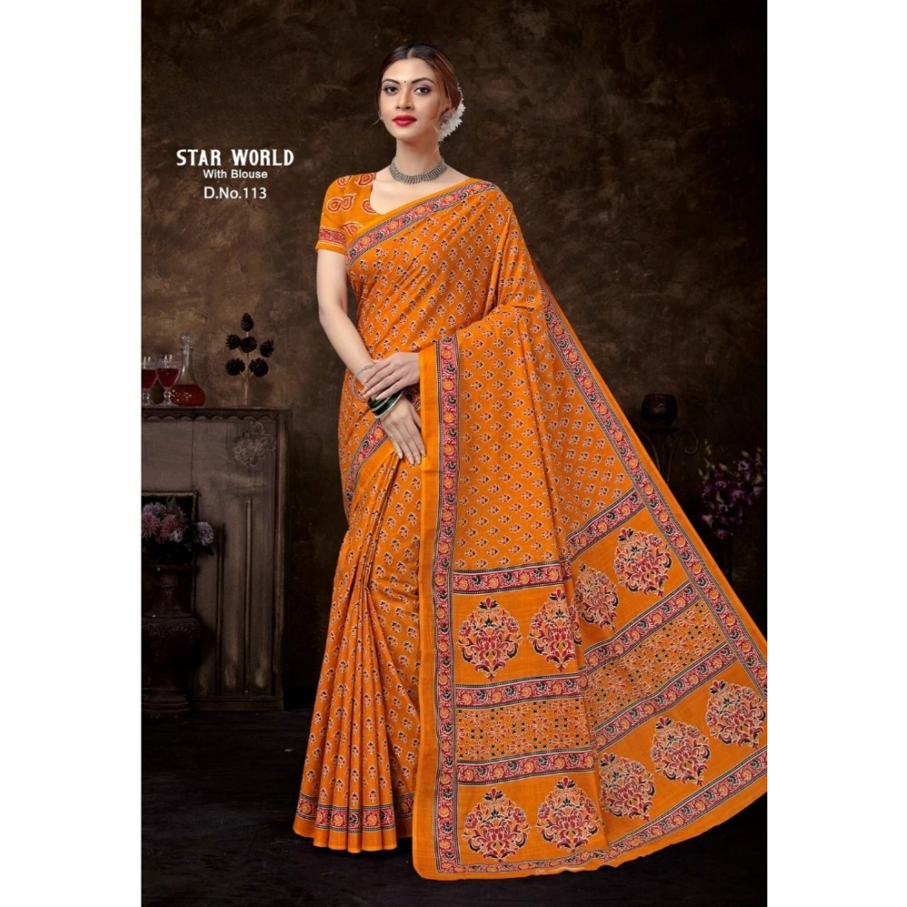 Generic Women's Cotton Printed Saree With Unstitched Blouse 5.5Mtr (Orange)