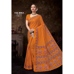 Generic Women's Cotton Printed Saree With Unstitched Blouse 5.5Mtr (Orange)