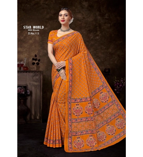 Generic Women's Cotton Printed Saree With Unstitched Blouse 5.5Mtr (Orange)