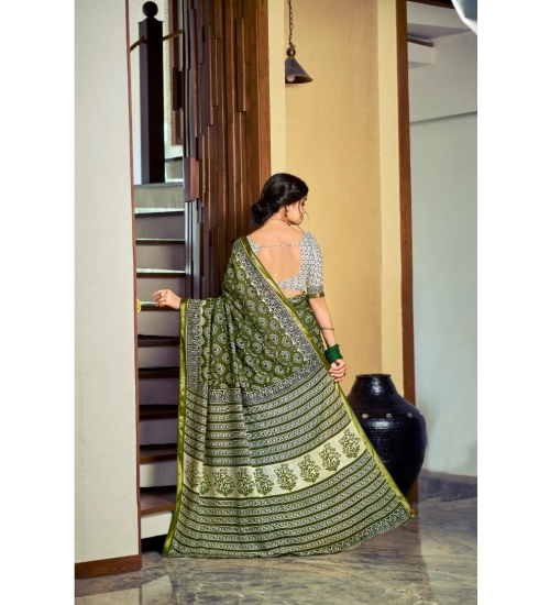 Generic Women's Cotton Printed Saree With Unstitched Blouse 5.5Mtr (Green)