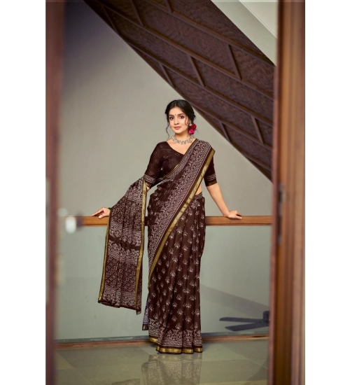 Generic Women's Cotton Printed Saree With Unstitched Blouse 5.5Mtr (Coffee)