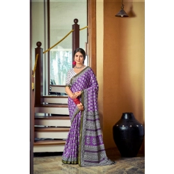 Generic Women's Cotton Printed Saree With Unstitched Blouse 5.5Mtr (Purple)