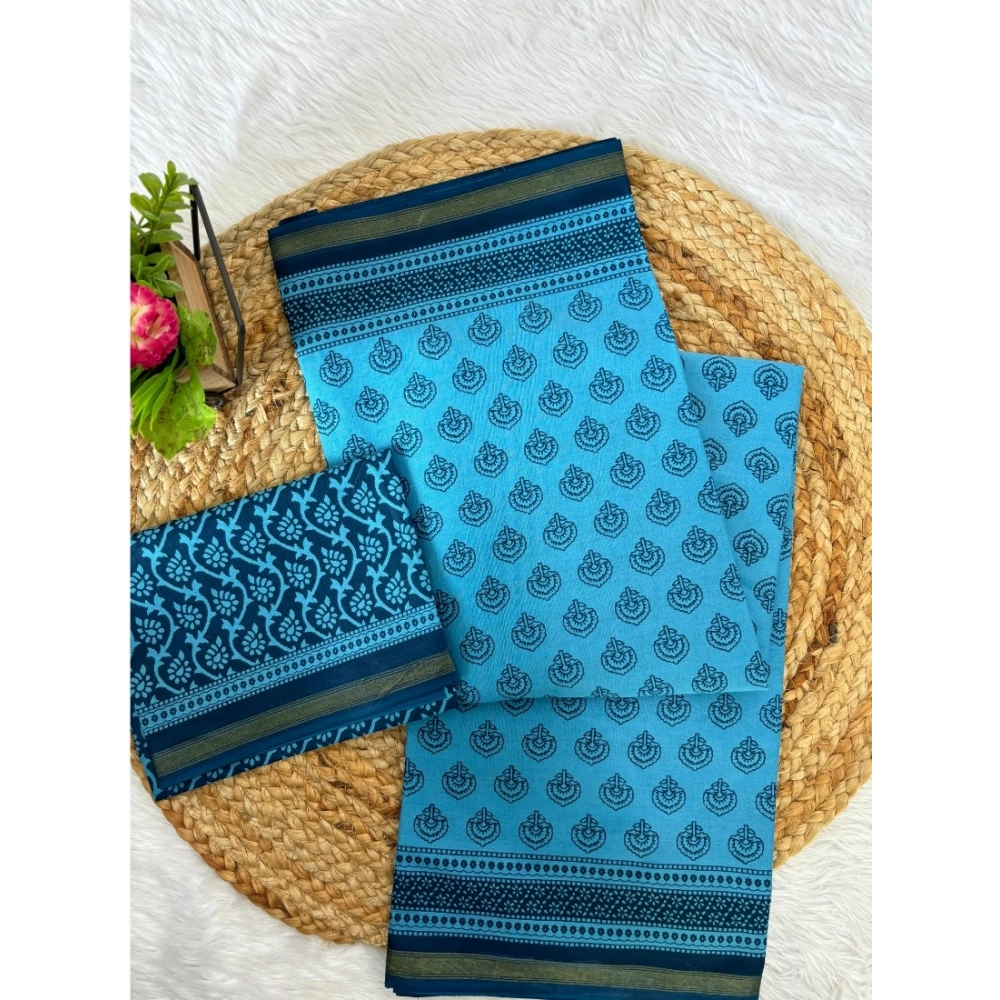 Generic Women's Cotton Printed Saree With Unstitched Blouse 5.5Mtr (Turquoise Green)