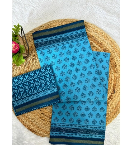 Generic Women's Cotton Printed Saree With Unstitched Blouse 5.5Mtr (Turquoise Green)