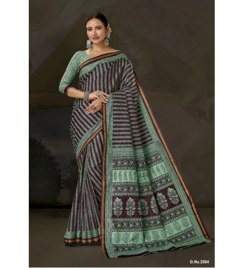 Generic Women's Cotton Printed Saree With Unstitched Blouse 5.5Mtr (Green)