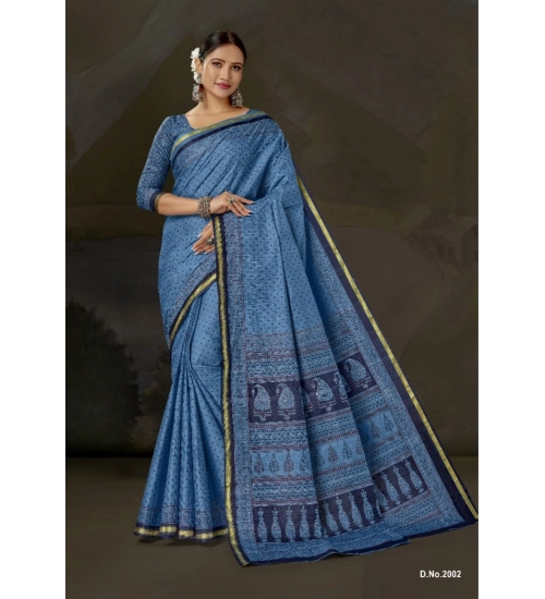 Generic Women's Cotton Printed Saree With Unstitched Blouse 5.5Mtr (Blue)