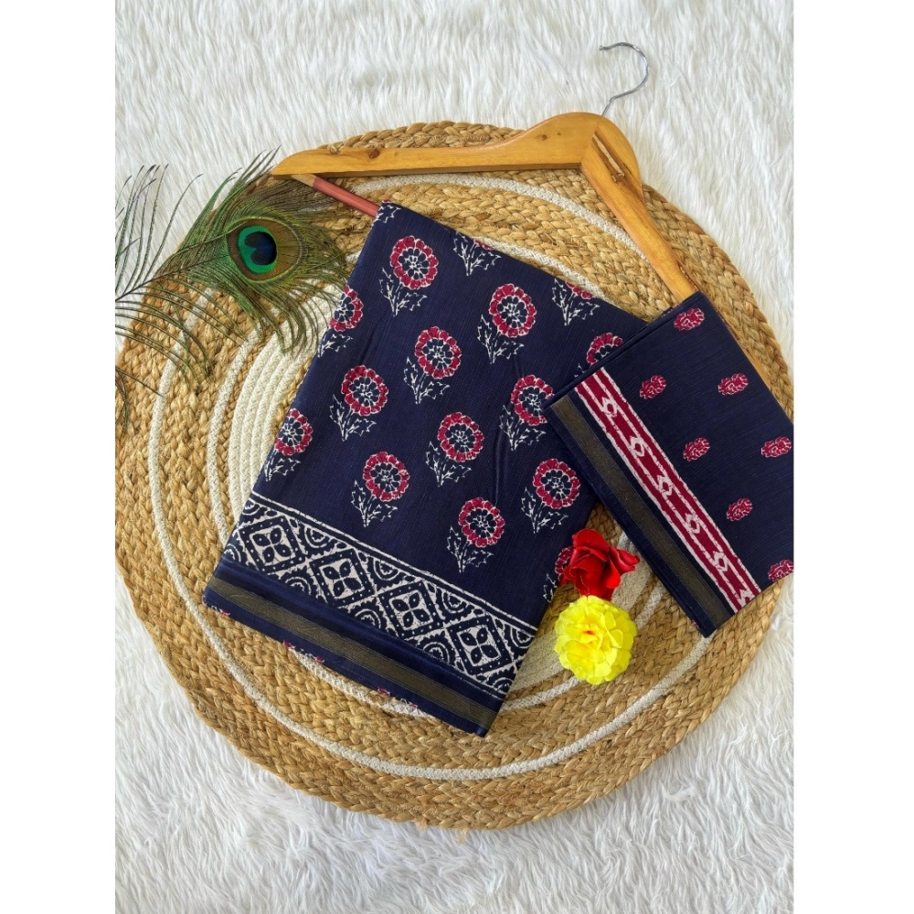 Generic Women's Cotton Printed Saree With Unstitched Blouse 5.5Mtr (Blue)