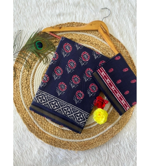 Generic Women's Cotton Printed Saree With Unstitched Blouse 5.5Mtr (Blue)