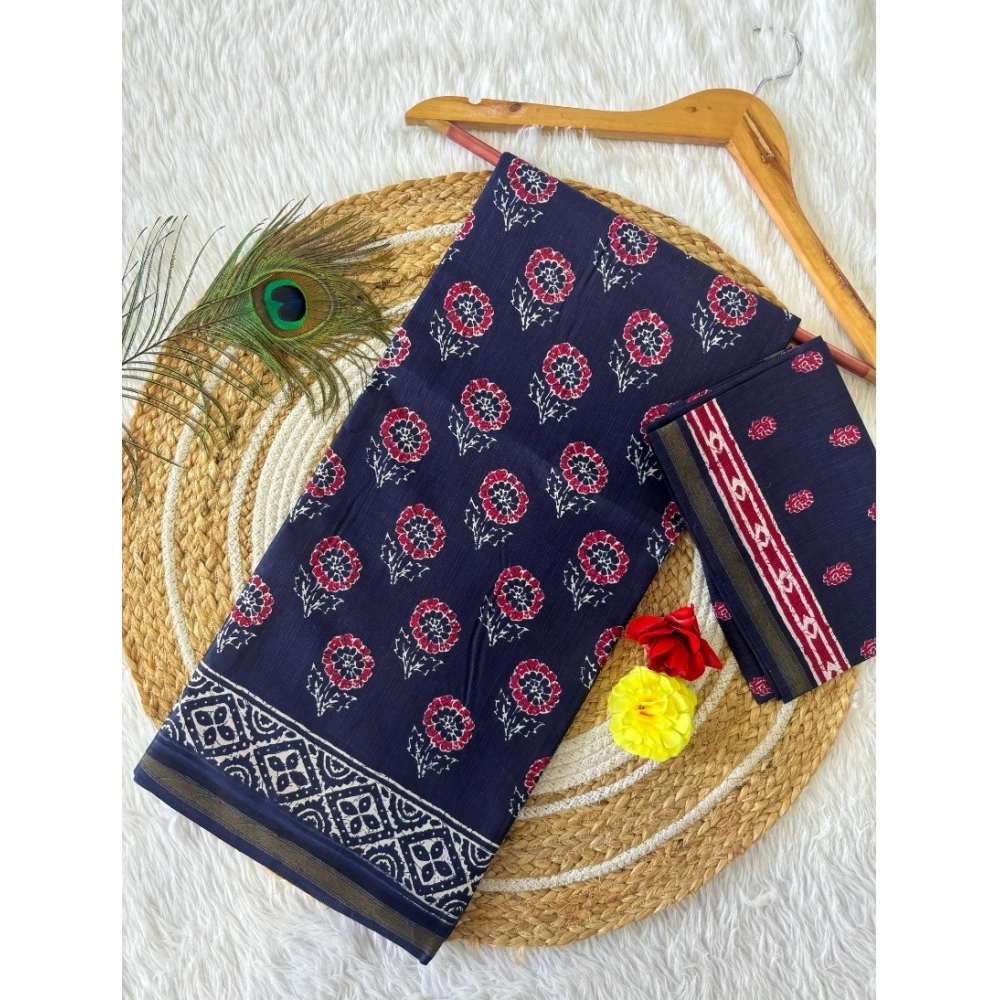 Generic Women's Cotton Printed Saree With Unstitched Blouse 5.5Mtr (Blue)