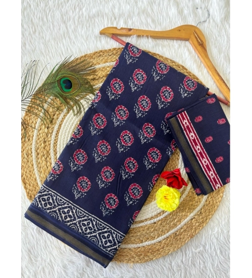 Generic Women's Cotton Printed Saree With Unstitched Blouse 5.5Mtr (Blue)