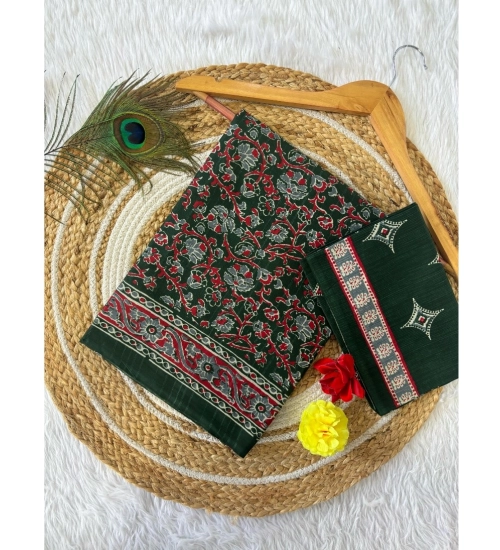 Generic Women's Cotton Printed Saree With Unstitched Blouse 5.5Mtr (Green)