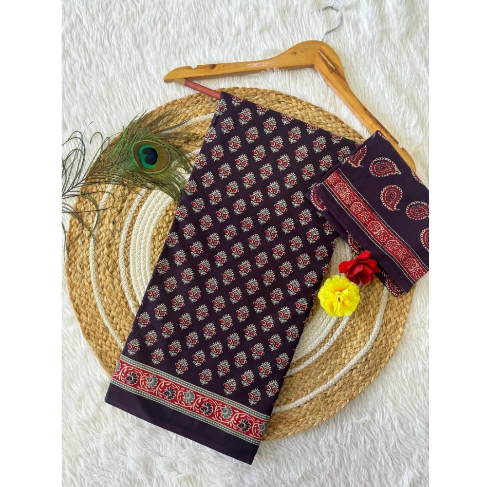 Generic Women's Cotton Printed Saree With Unstitched Blouse 5.5Mtr (Purple)