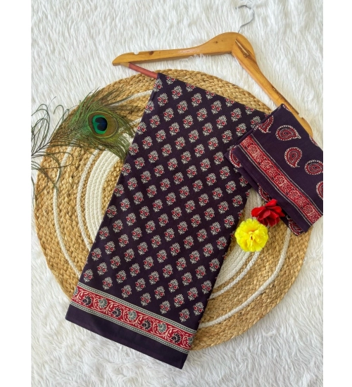 Generic Women's Cotton Printed Saree With Unstitched Blouse 5.5Mtr (Purple)