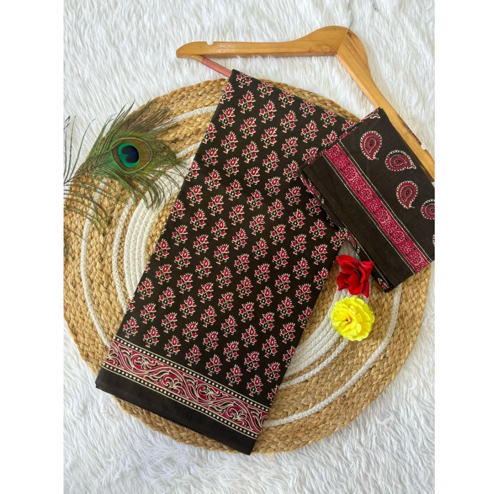 Generic Women's Cotton Printed Saree With Unstitched Blouse 5.5Mtr (Mehendi Green)