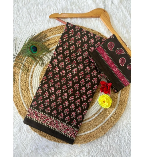 Generic Women's Cotton Printed Saree With Unstitched Blouse 5.5Mtr (Mehendi Green)