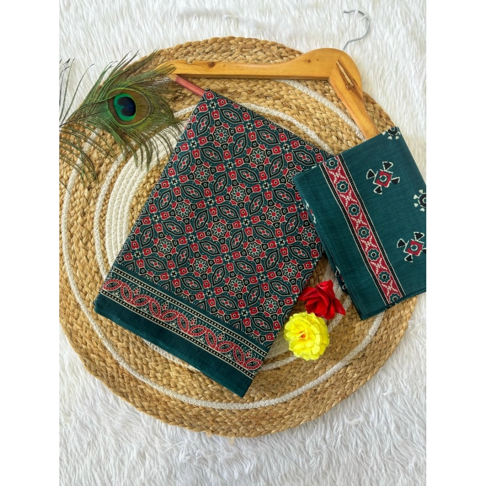 Generic Women's Cotton Printed Saree With Unstitched Blouse 5.5Mtr (Green)