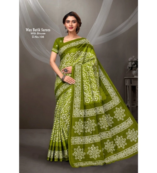 Generic Women's Cotton Printed Saree With Unstitched Blouse 5.5Mtr (Green)