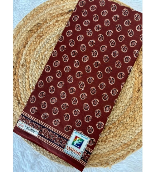 Generic Women's Cotton Printed Saree With Unstitched Blouse 5.5Mtr (Brown)