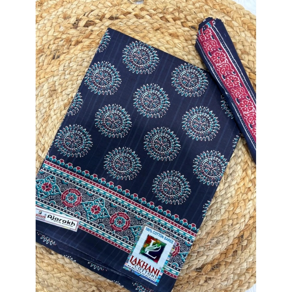 Generic Women's Cotton Printed Saree With Unstitched Blouse 5.5Mtr (Blue)