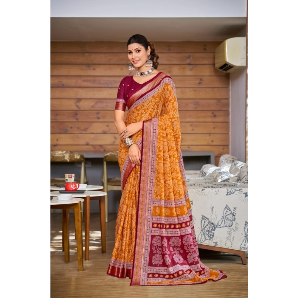 Generic Women's Cotton Printed Saree With Unstitched Blouse 5.5Mtr (Mustard)