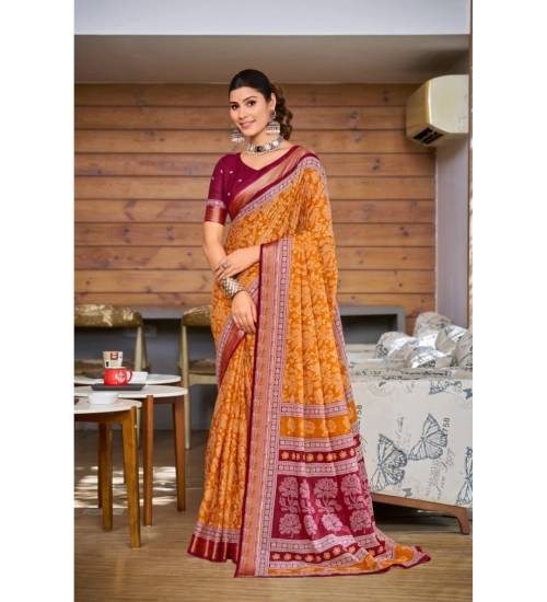 Generic Women's Cotton Printed Saree With Unstitched Blouse 5.5Mtr (Mustard)