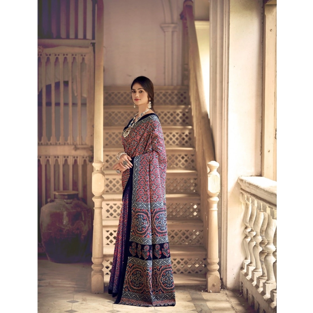 Generic Women's Cotton Printed Saree With Unstitched Blouse 5.5Mtr (Navy Blue)