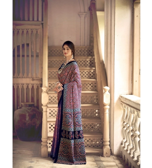 Generic Women's Cotton Printed Saree With Unstitched Blouse 5.5Mtr (Navy Blue)