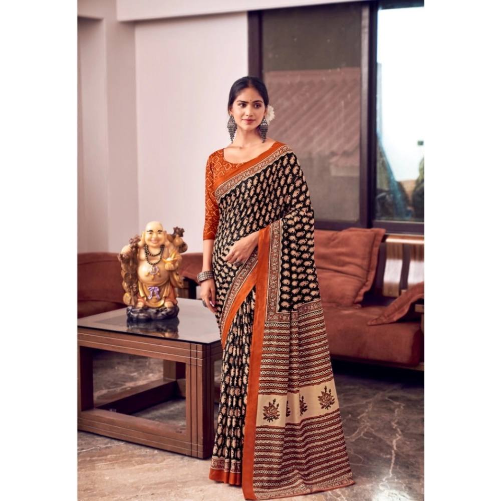 Generic Women's Cotton Printed Saree With Unstitched Blouse 5.5Mtr (Black)