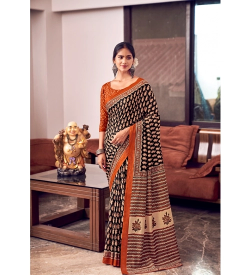 Generic Women's Cotton Printed Saree With Unstitched Blouse 5.5Mtr (Black)