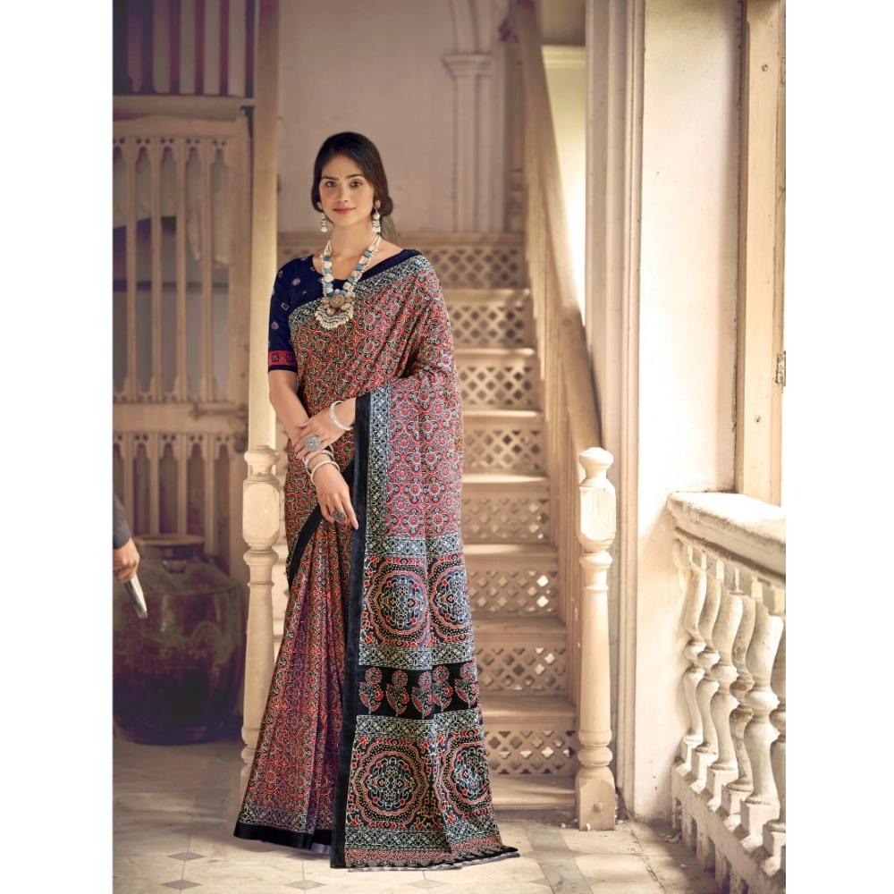 Generic Women's Cotton Printed Saree With Unstitched Blouse 5.5Mtr (Navy Blue)