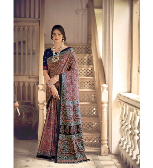 Generic Women's Cotton Printed Saree With Unstitched Blouse 5.5Mtr (Navy Blue)