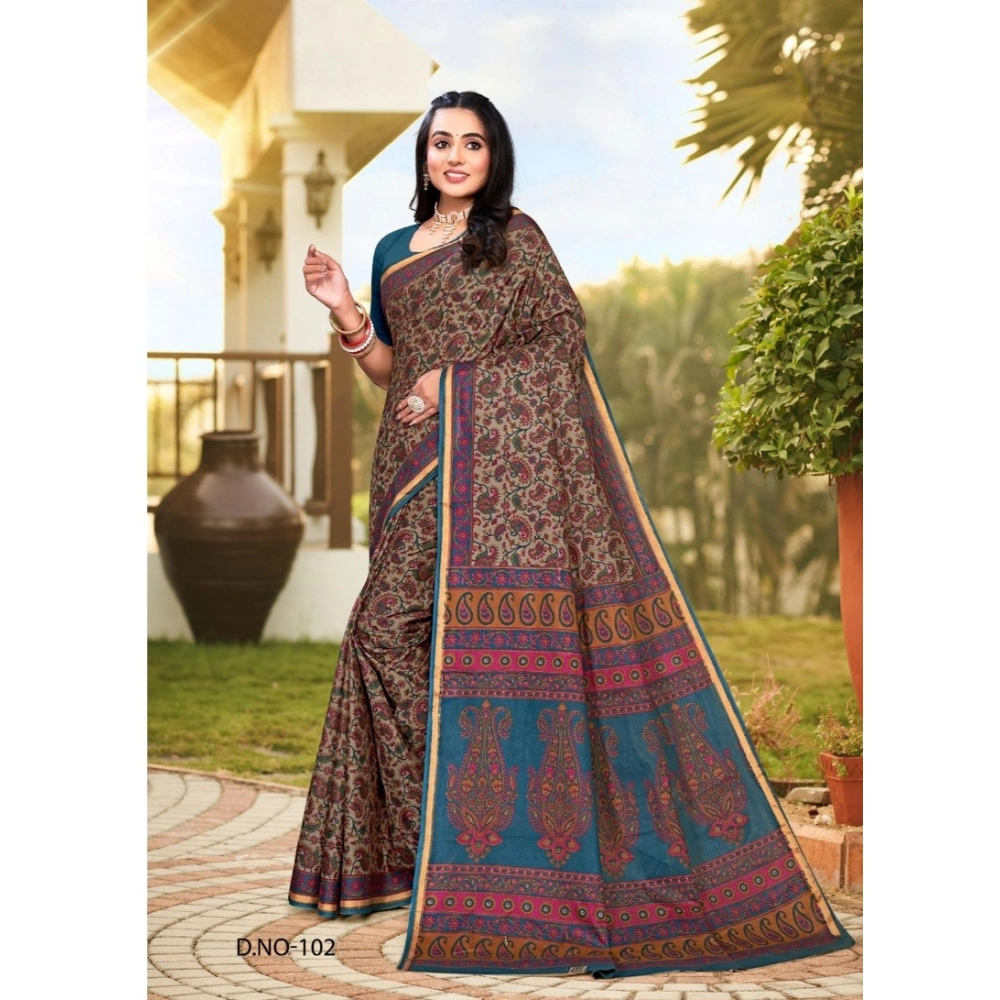 Generic Women's Cotton Printed Saree With Unstitched Blouse 5.5Mtr (Multicolor)