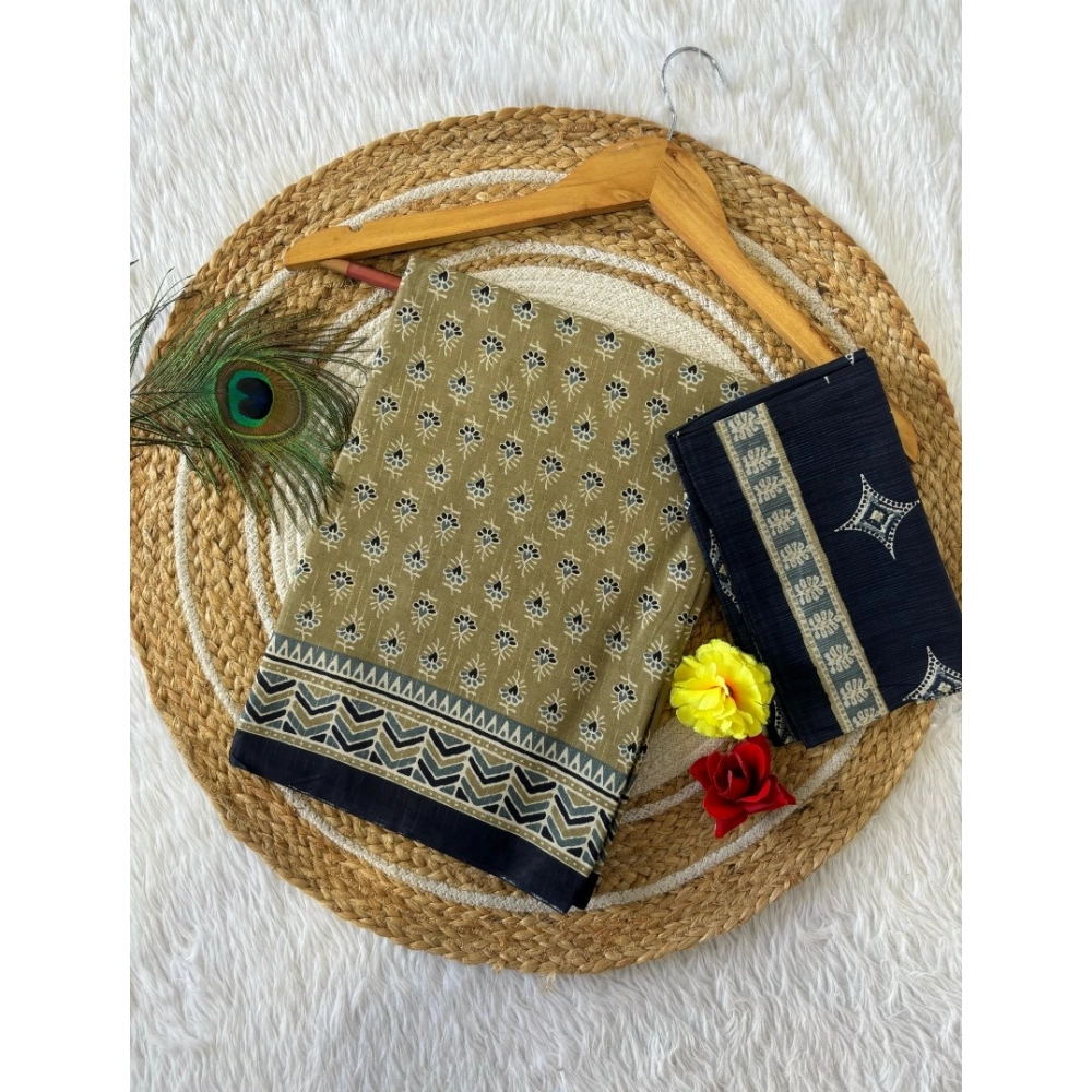 Generic Women's Cotton Printed Saree With Unstitched Blouse 5.5Mtr (Mehendi Green)