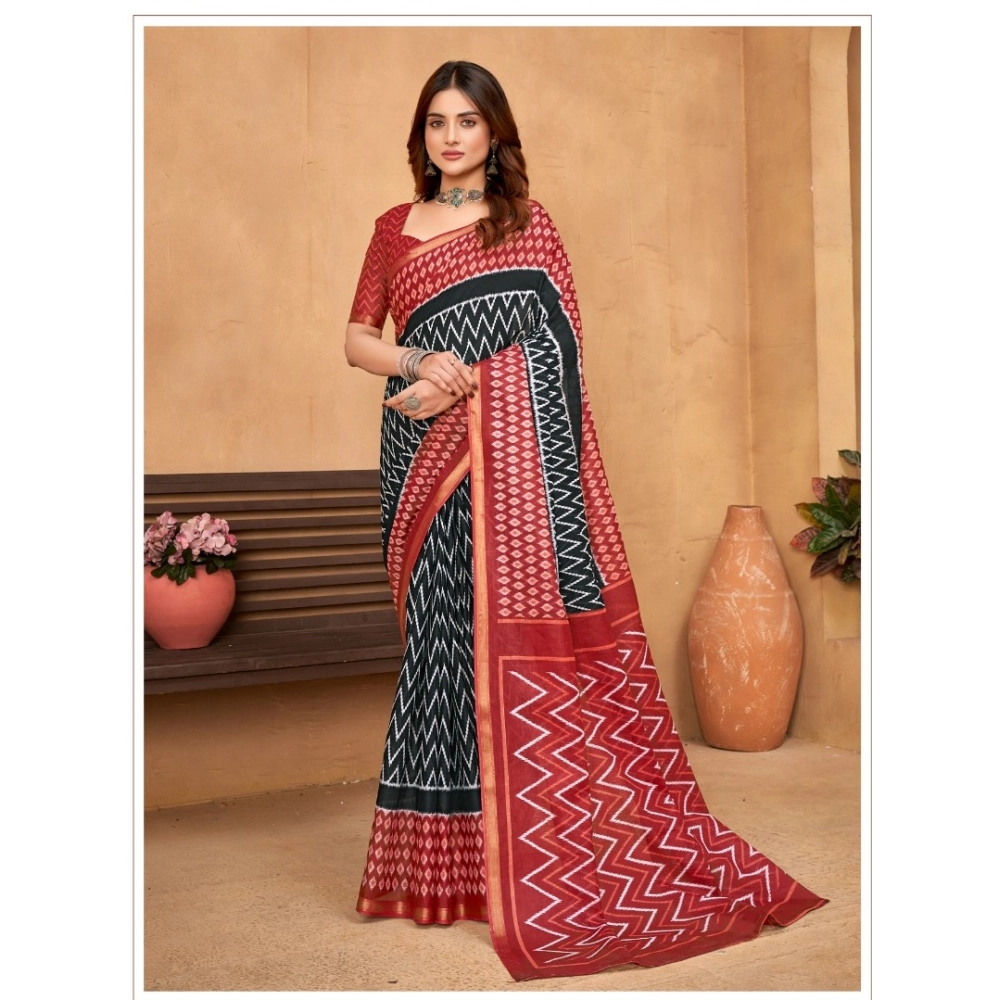 Generic Women's Cotton Printed Saree With Unstitched Blouse 5.5Mtr (Black)