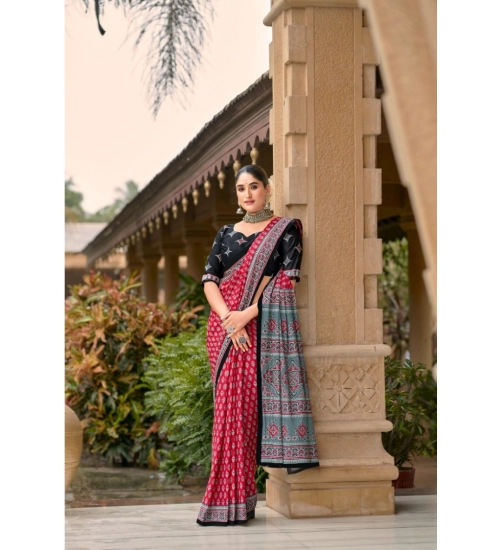 Generic Women's Cotton Printed Saree With Unstitched Blouse 5.5Mtr (Red)