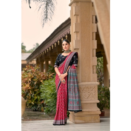 Generic Women's Cotton Printed Saree With Unstitched Blouse 5.5Mtr (Red)