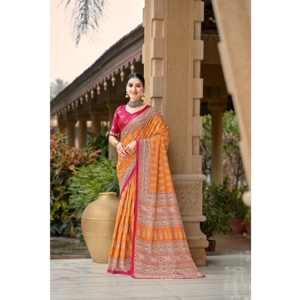Generic Women's Cotton Printed Saree With Unstitched Blouse 5.5Mtr (Mustard)