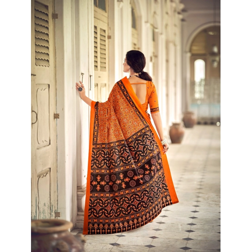 Generic Women's Cotton Printed Saree With Unstitched Blouse 5.5Mtr (Mustard)