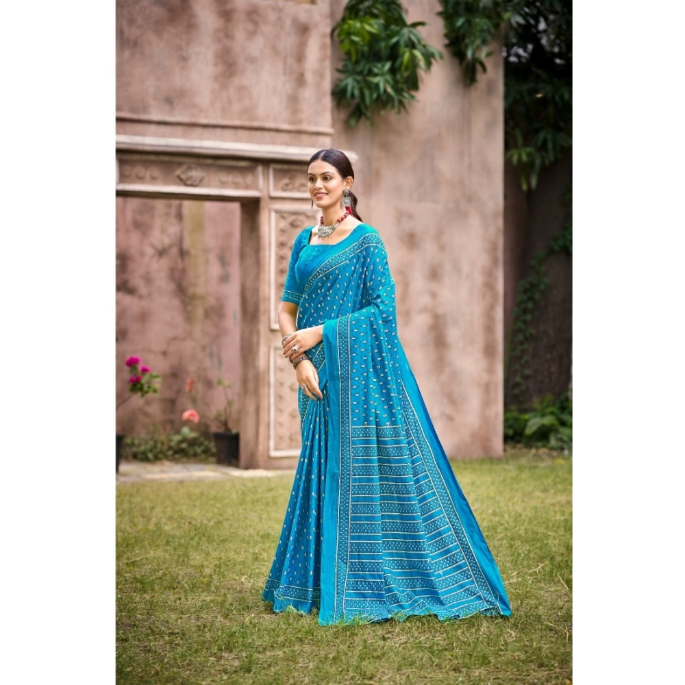 Generic Women's Cotton Printed Saree With Unstitched Blouse 5.5Mtr (Sky Blue)