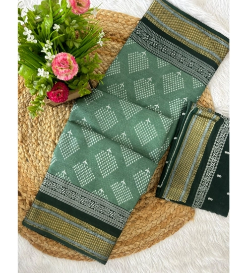 Generic Women's Cotton Printed Saree With Unstitched Blouse 5.5Mtr (Green)